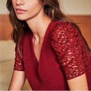 Sezane Colette Blouse Maroon Lace Sleeve Lined Top Shirt Vneck Sz 38 US 6